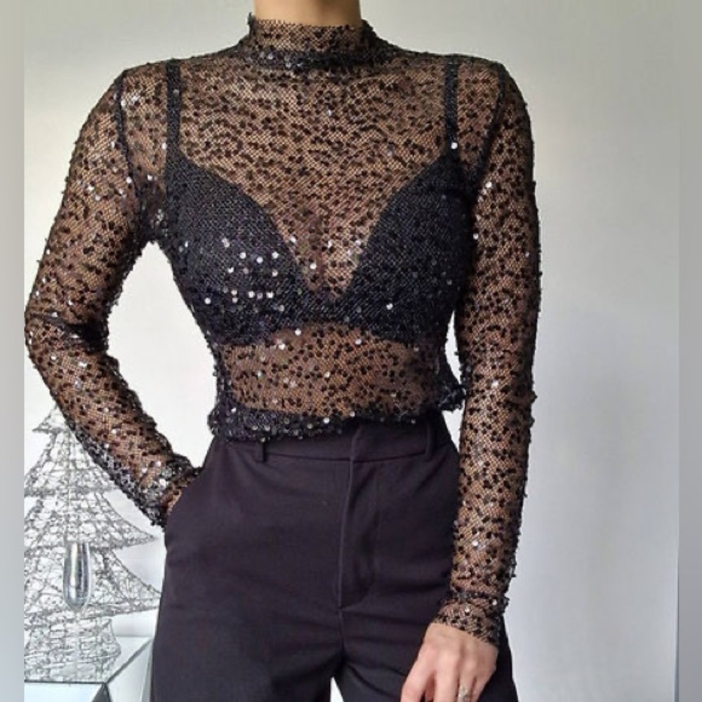 Sans Souci Black Glitter Mesh Blouse